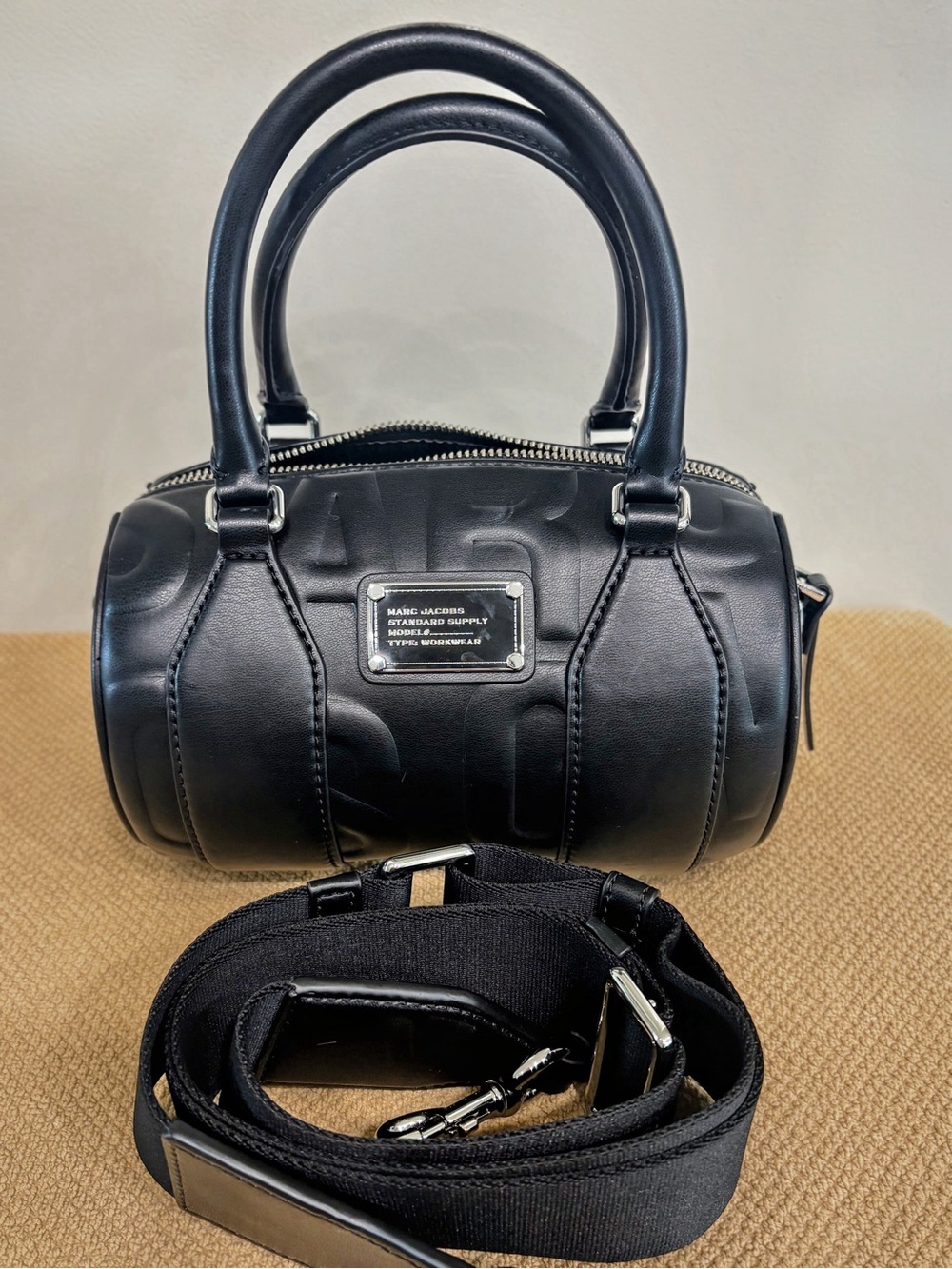 MARC JACOBS Black Embossed Leather Barrel Bag with Detachable Strap